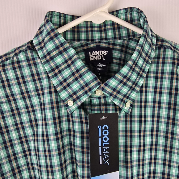 NWTLands' End Men's Traditional Fit NoIron Twill Green BluePlaid Shirt Stretch L - Picture 3 of 11